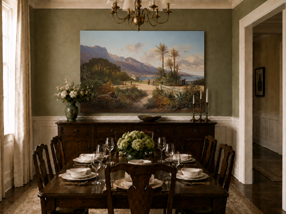 Hand-painted Mediterranean coastal garden with peaks and figures landscape oil painting displayed in a dining room interior.