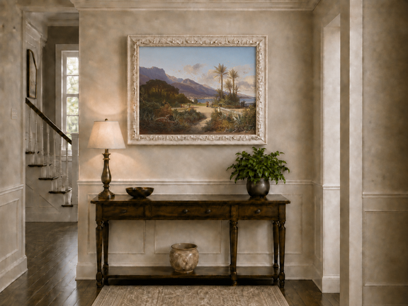 Hand-painted Mediterranean coastal garden with peaks and figures landscape oil painting displayed above a console table in a hallway interior.