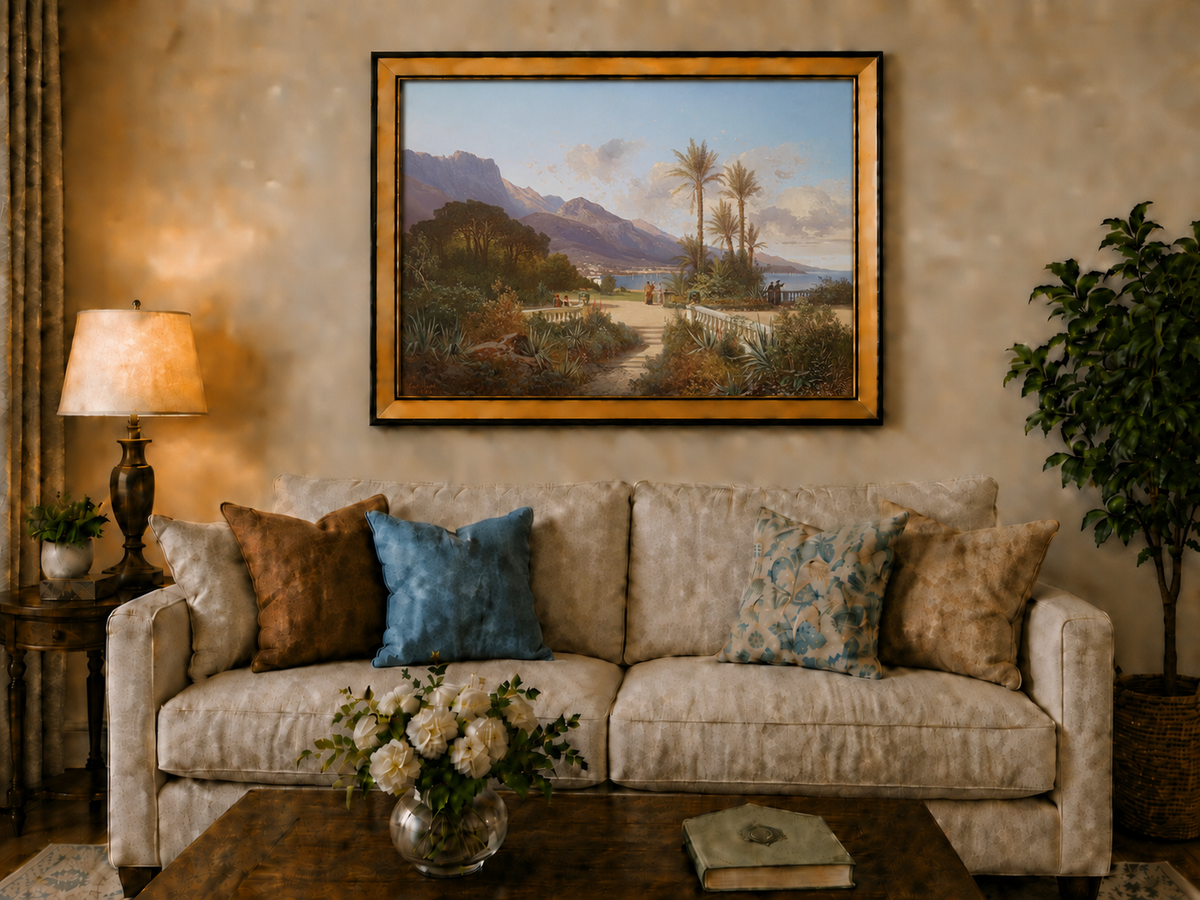 Hand-painted Mediterranean coastal garden with peaks and figures landscape oil painting displayed above a sofa in a living room interior.