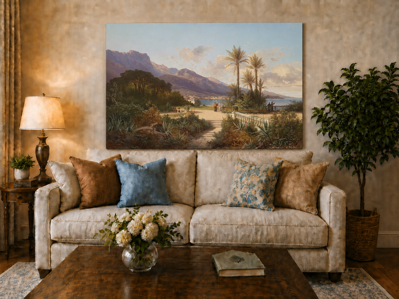 Hand-painted Mediterranean coastal garden with peaks and figures landscape oil painting displayed above a sofa in a living room interior.