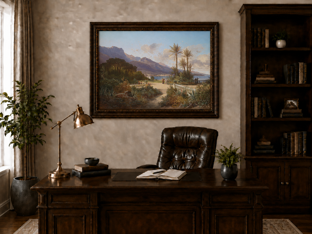 Hand-painted Mediterranean coastal garden with peaks and figures landscape oil painting displayed above a desk in a home office interior.
