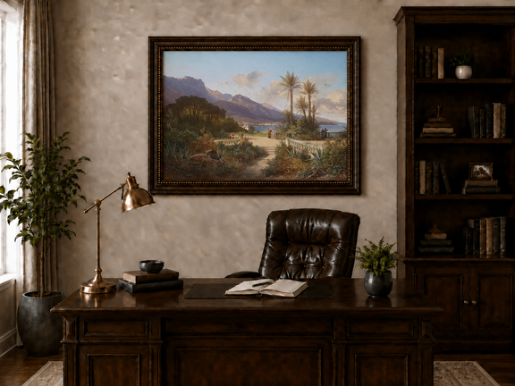 Hand-painted Mediterranean coastal garden with peaks and figures landscape oil painting displayed above a desk in a home office interior.