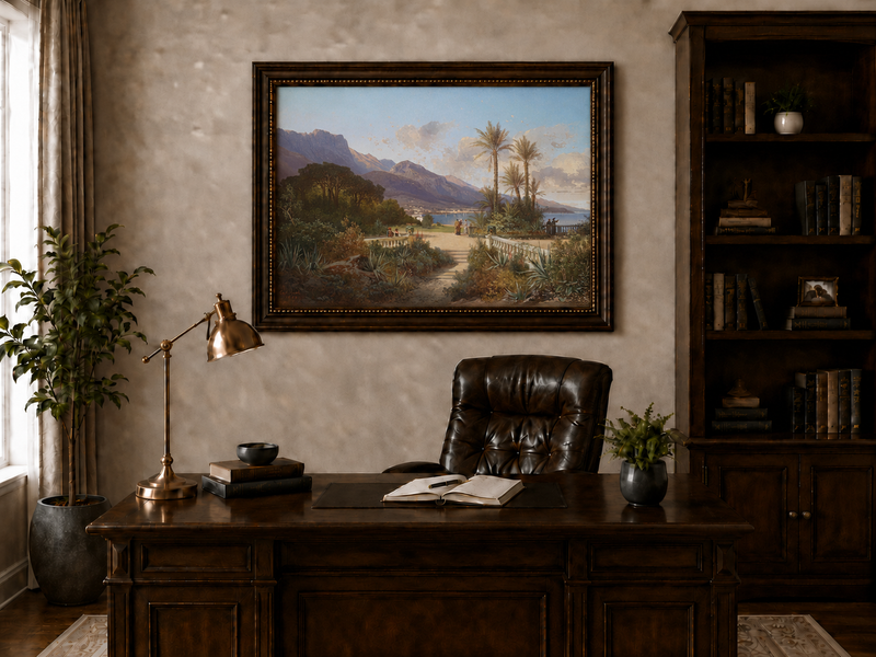 Hand-painted Mediterranean coastal garden with peaks and figures landscape oil painting displayed above a desk in a home office interior.