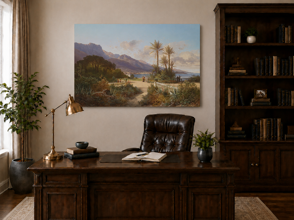 Hand-painted Mediterranean coastal garden with peaks and figures landscape oil painting displayed above a desk in a home office interior.