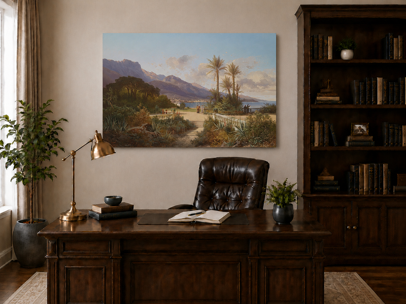 Hand-painted Mediterranean coastal garden with peaks and figures landscape oil painting displayed above a desk in a home office interior.