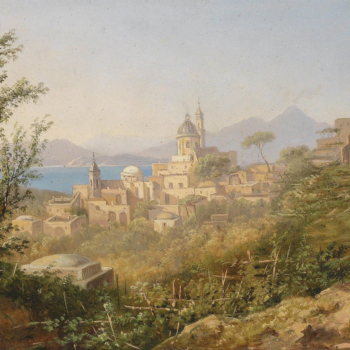 Landscape Oil Painting - Mediterranean Coastal Hill Town, Church Domes - Oil Painting Haven