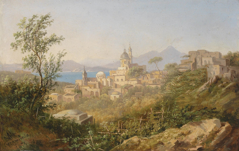 Landscape Oil Painting - Mediterranean Coastal Hill Town, Church Domes - Oil Painting Haven