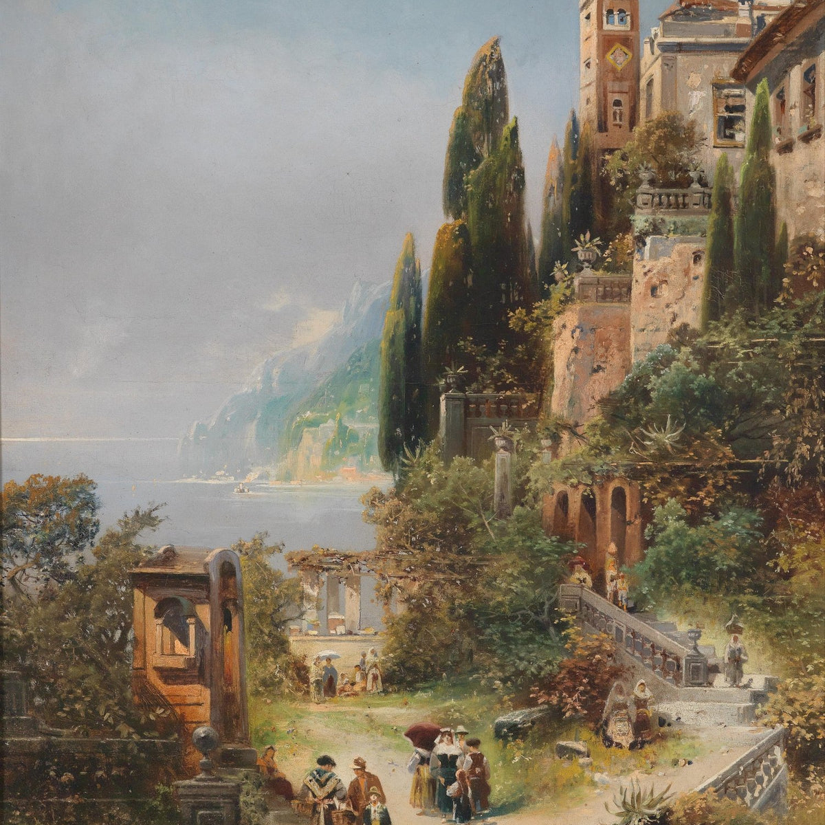 Landscape Oil Painting - Mediterranean coastal hill town & cypress trees - Oil Painting Haven