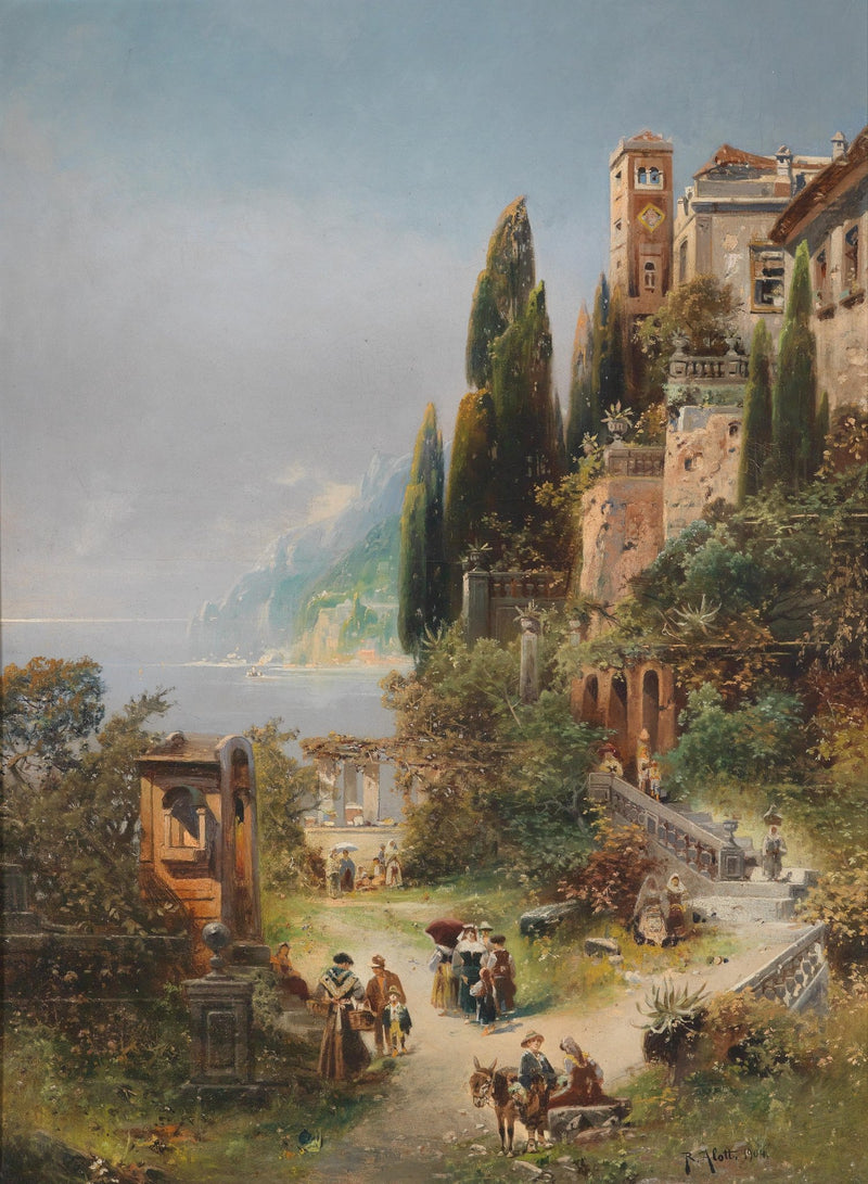 Landscape Oil Painting - Mediterranean coastal hill town & cypress trees - Oil Painting Haven