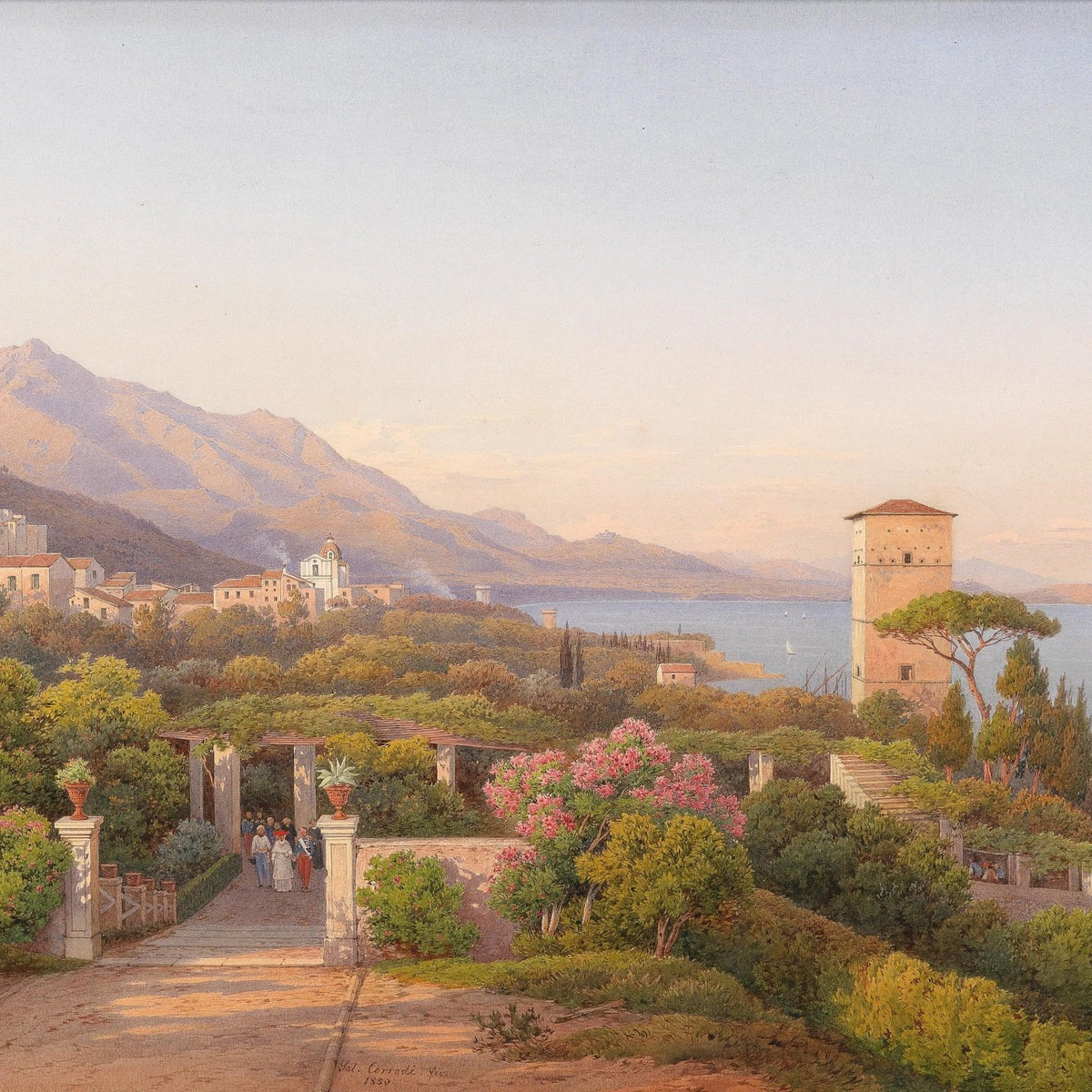 Landscape Oil Painting - Mediterranean coastal hill town & garden - Oil Painting Haven