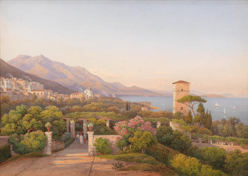 Landscape Oil Painting - Mediterranean coastal hill town & garden - Oil Painting Haven
