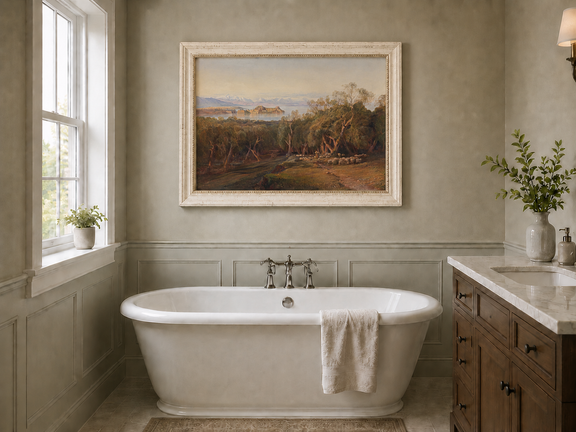 Hand-painted Mediterranean coastal island fortress landscape oil painting displayed in a bathroom interior above a bathtub.
