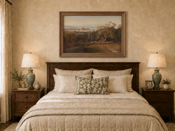 Hand-painted Mediterranean coastal island fortress landscape oil painting displayed above a bed in a bedroom interior.