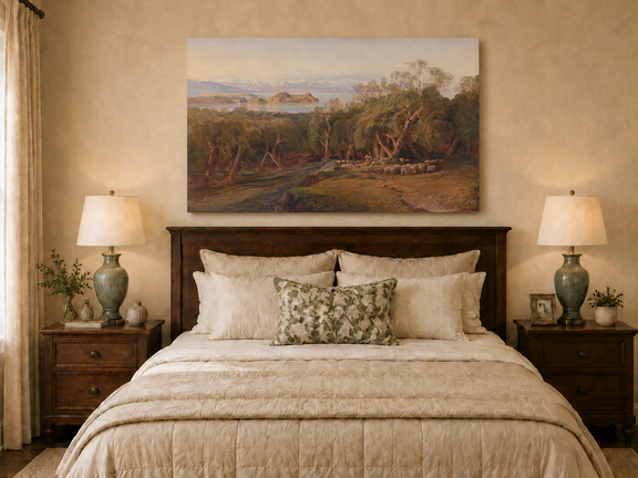 Hand-painted Mediterranean coastal island fortress landscape oil painting displayed above a bed in a bedroom interior.