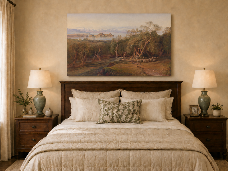 Hand-painted Mediterranean coastal island fortress landscape oil painting displayed above a bed in a bedroom interior.