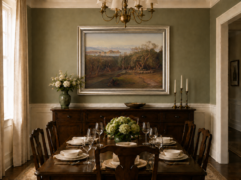 Hand-painted Mediterranean coastal island fortress landscape oil painting displayed in a dining room interior.
