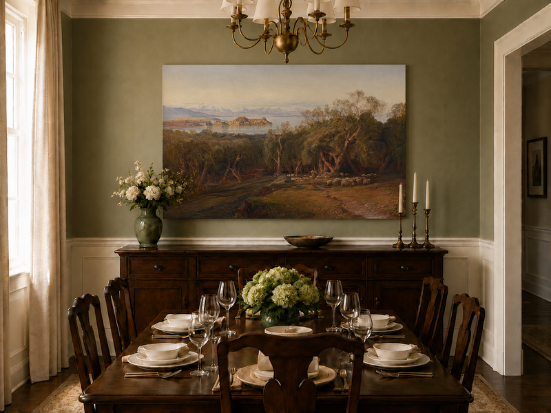 Hand-painted Mediterranean coastal island fortress landscape oil painting displayed in a dining room interior.