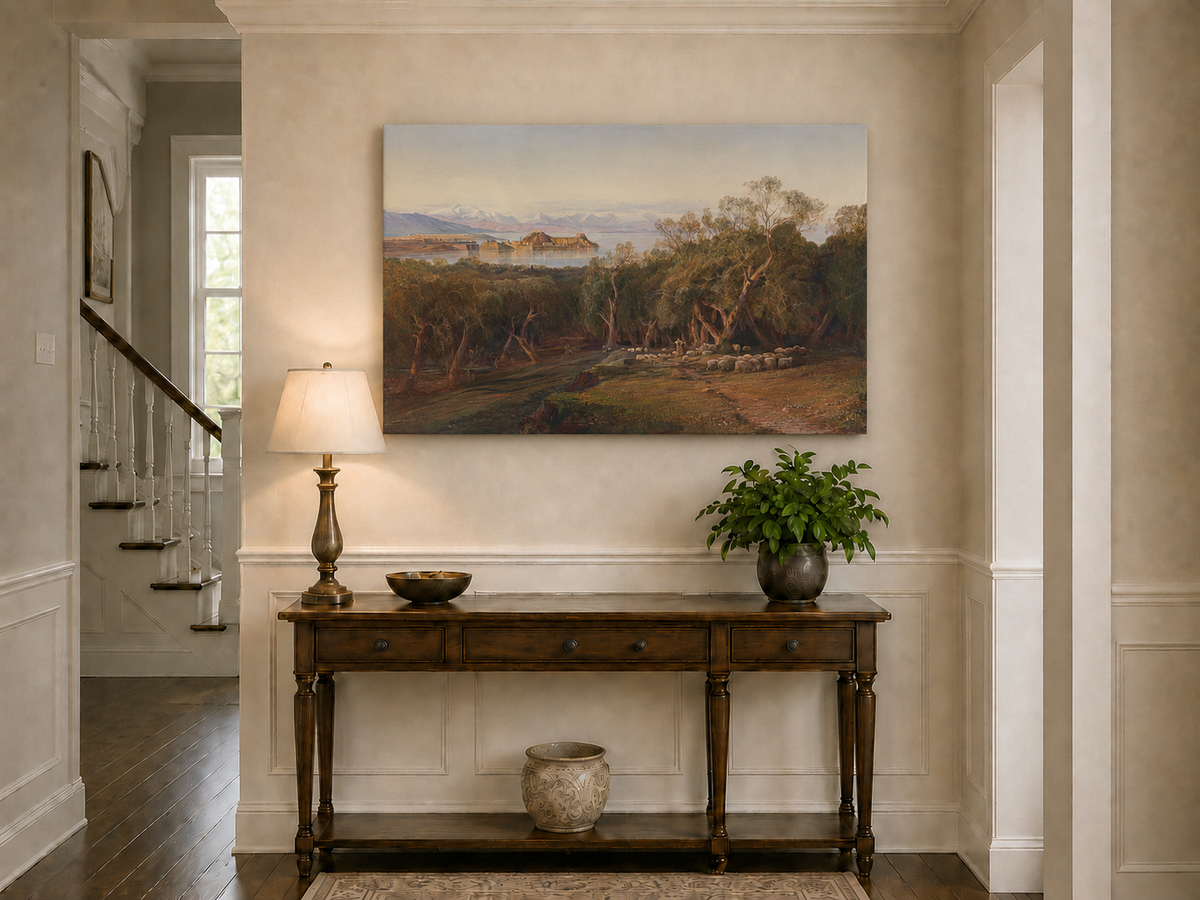 Hand-painted Mediterranean coastal island fortress landscape oil painting displayed above a console table in a hallway interior.