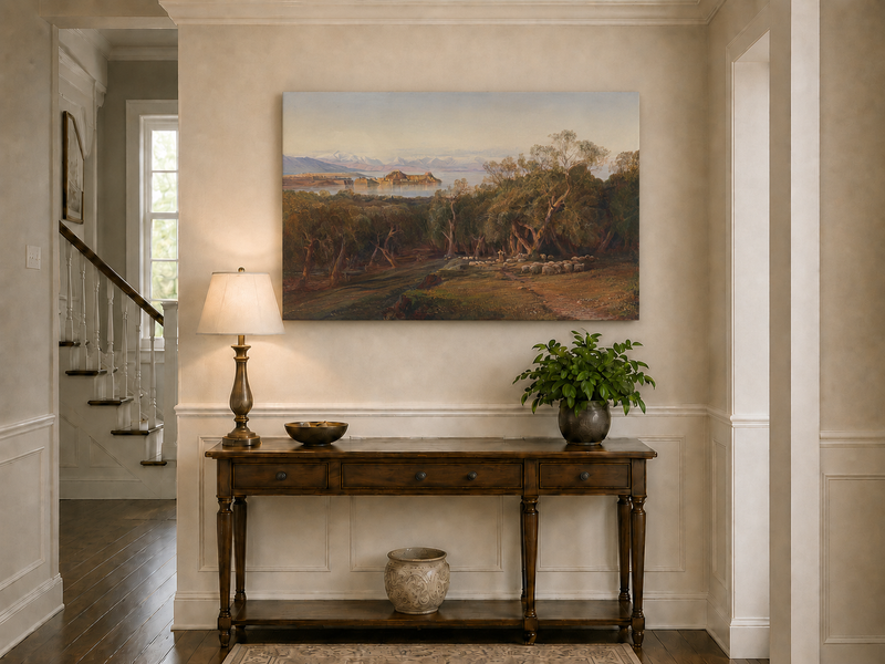 Hand-painted Mediterranean coastal island fortress landscape oil painting displayed above a console table in a hallway interior.