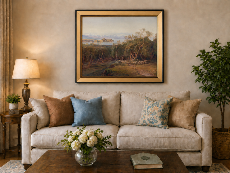 Hand-painted Mediterranean coastal island fortress landscape oil painting displayed above a sofa in a living room interior.