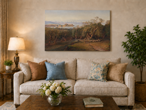 Hand-painted Mediterranean coastal island fortress landscape oil painting displayed above a sofa in a living room interior.