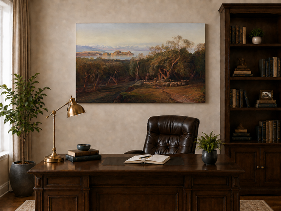 Hand-painted Mediterranean coastal island fortress landscape oil painting displayed above a desk in a home office interior.