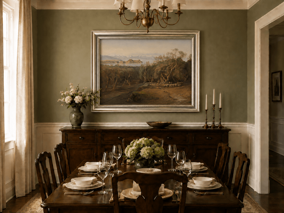 Hand-painted Mediterranean coastal island fortress landscape oil painting displayed in a dining room interior.