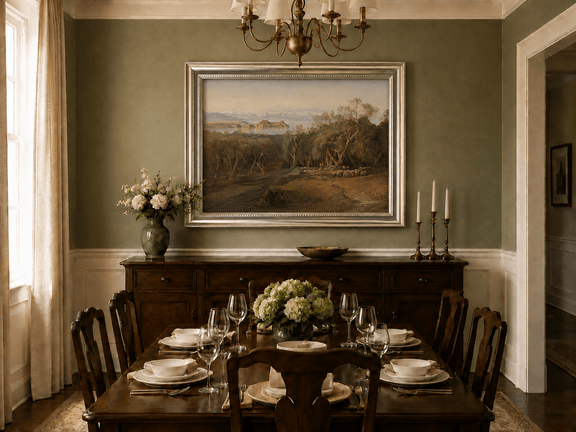 Hand-painted Mediterranean coastal island fortress landscape oil painting displayed in a dining room interior.
