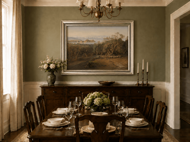 Hand-painted Mediterranean coastal island fortress landscape oil painting displayed in a dining room interior.