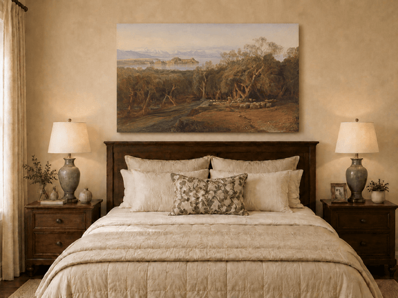 Hand-painted Mediterranean coastal island fortress landscape oil painting displayed above a bed in a bedroom interior.