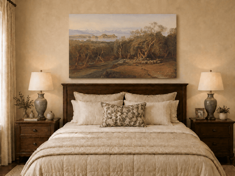 Hand-painted Mediterranean coastal island fortress landscape oil painting displayed above a bed in a bedroom interior.