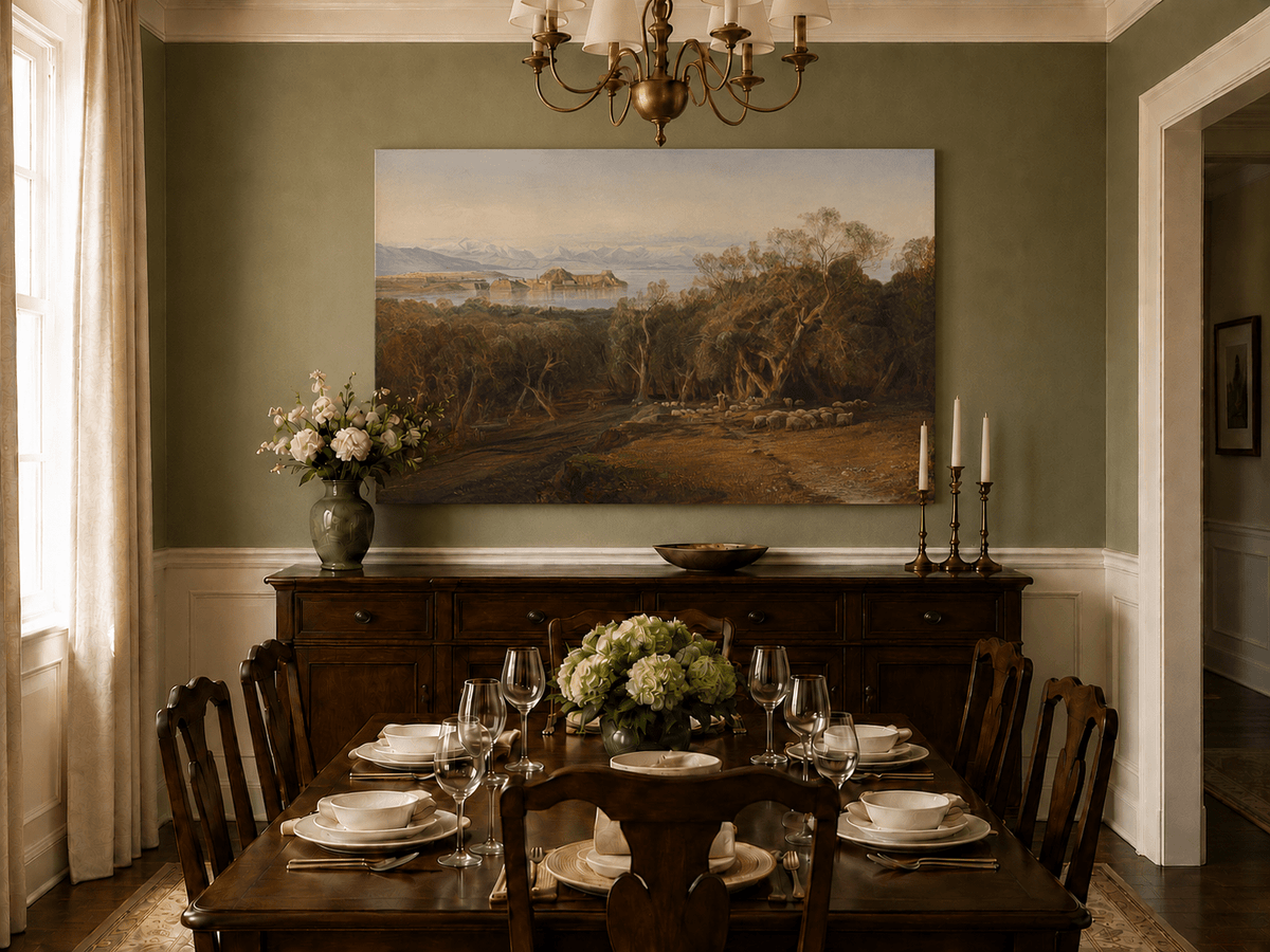 Hand-painted Mediterranean coastal island fortress landscape oil painting displayed in a dining room interior.