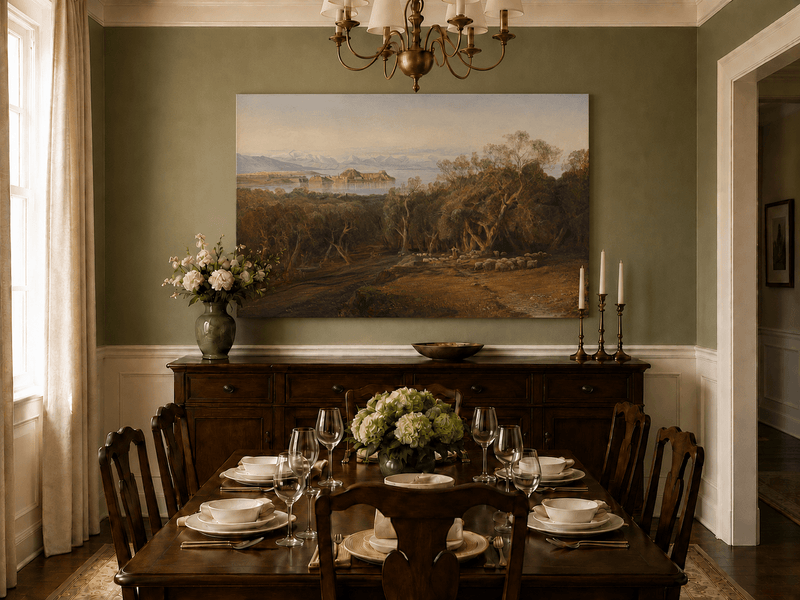 Hand-painted Mediterranean coastal island fortress landscape oil painting displayed in a dining room interior.