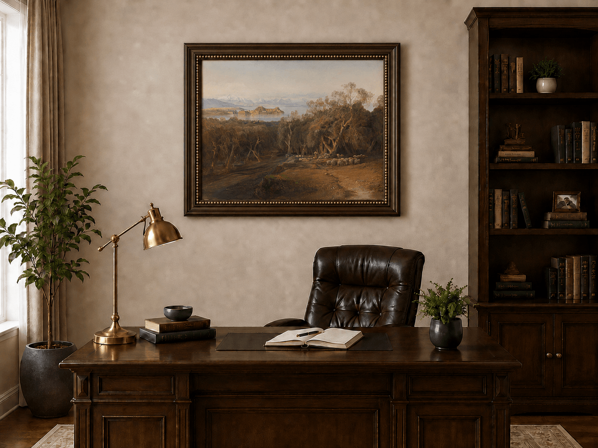 Hand-painted Mediterranean coastal island fortress landscape oil painting displayed above a desk in a home office interior.
