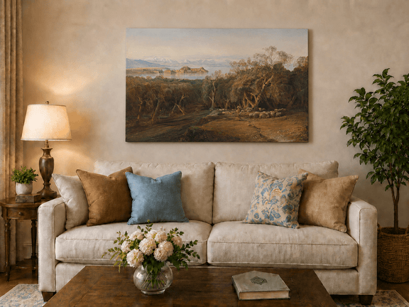 Hand-painted Mediterranean coastal island fortress landscape oil painting displayed above a sofa in a living room interior.