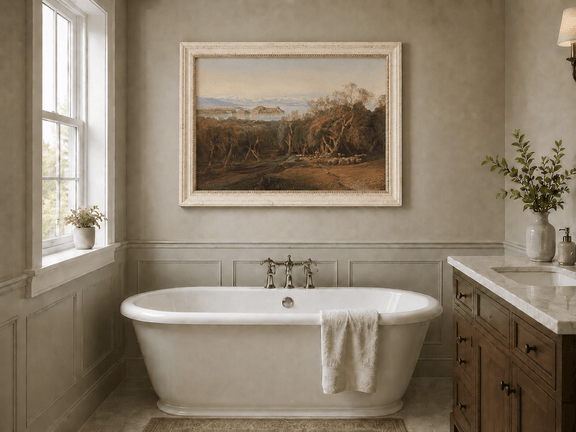 Hand-painted Mediterranean coastal island fortress landscape oil painting displayed in a bathroom interior above a bathtub.
