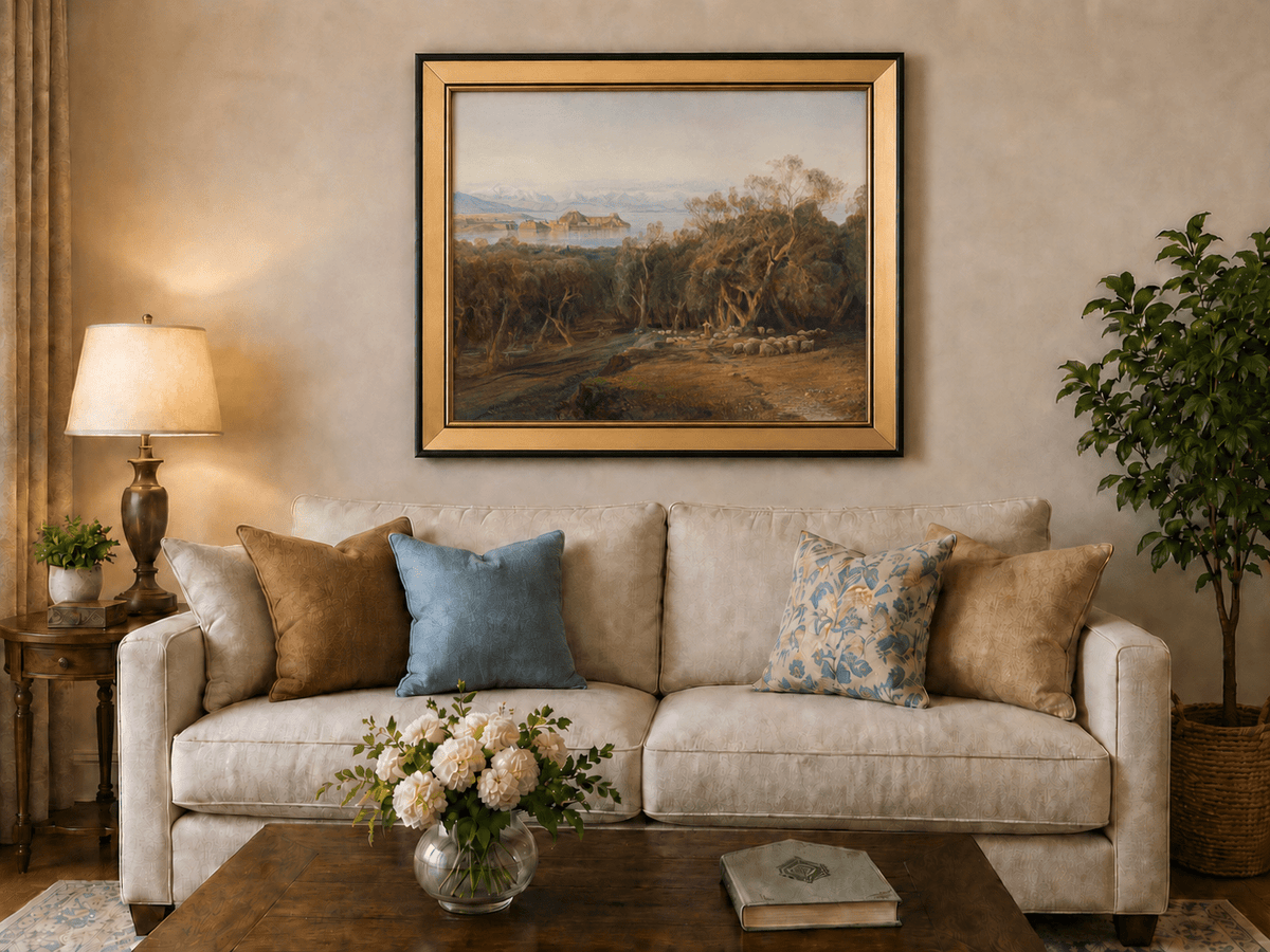 Hand-painted Mediterranean coastal island fortress landscape oil painting displayed above a sofa in a living room interior.