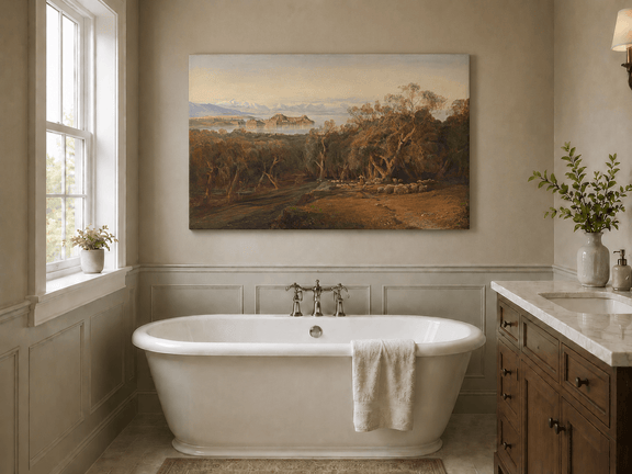 Hand-painted Mediterranean coastal island fortress landscape oil painting displayed in a bathroom interior above a bathtub.