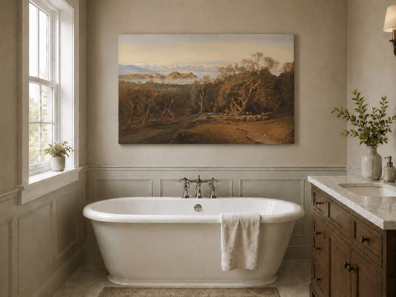 Hand-painted Mediterranean coastal island fortress landscape oil painting displayed in a bathroom interior above a bathtub.
