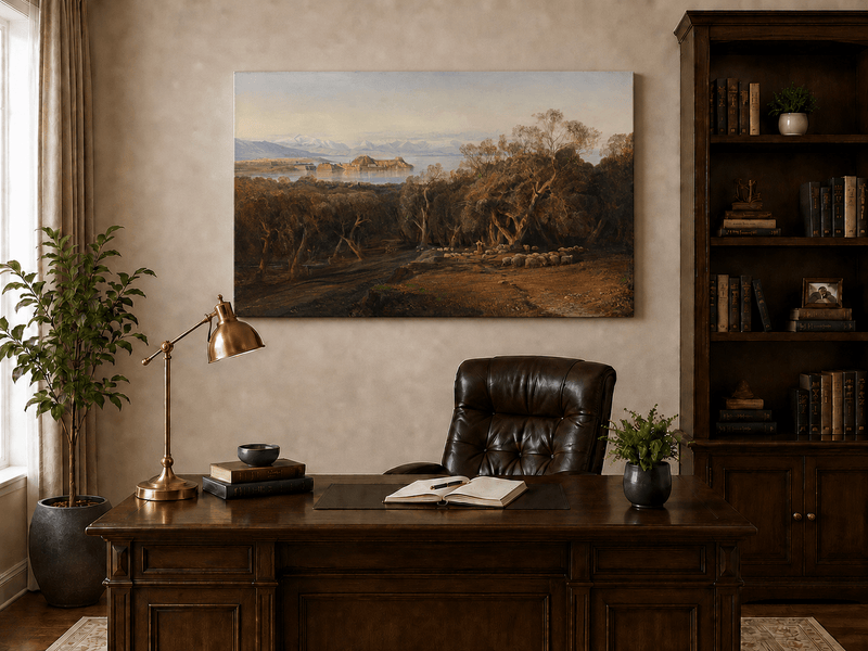 Hand-painted Mediterranean coastal island fortress landscape oil painting displayed above a desk in a home office interior.