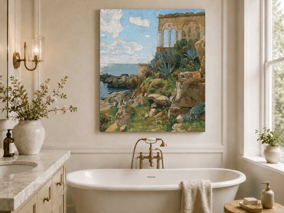 Hand-painted Mediterranean coastal ruins with arch and succulents landscape oil painting displayed in a bathroom interior above a bathtub.