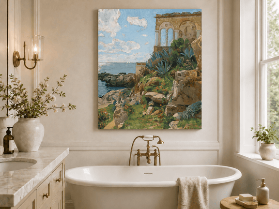 Hand-painted Mediterranean coastal ruins with arch and succulents landscape oil painting displayed in a bathroom interior above a bathtub.