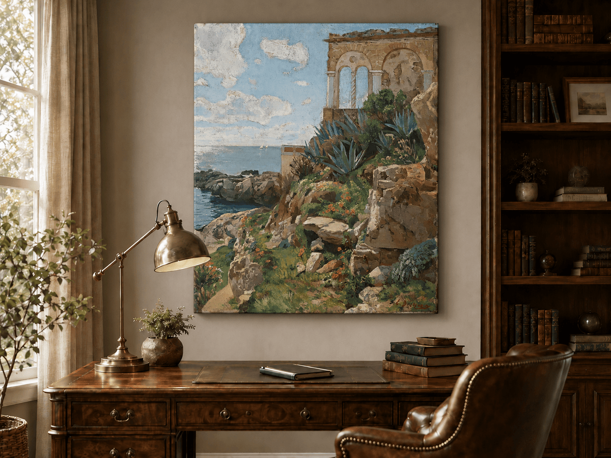 Hand-painted Mediterranean coastal ruins with arch and succulents landscape oil painting displayed above a desk in a home office interior.