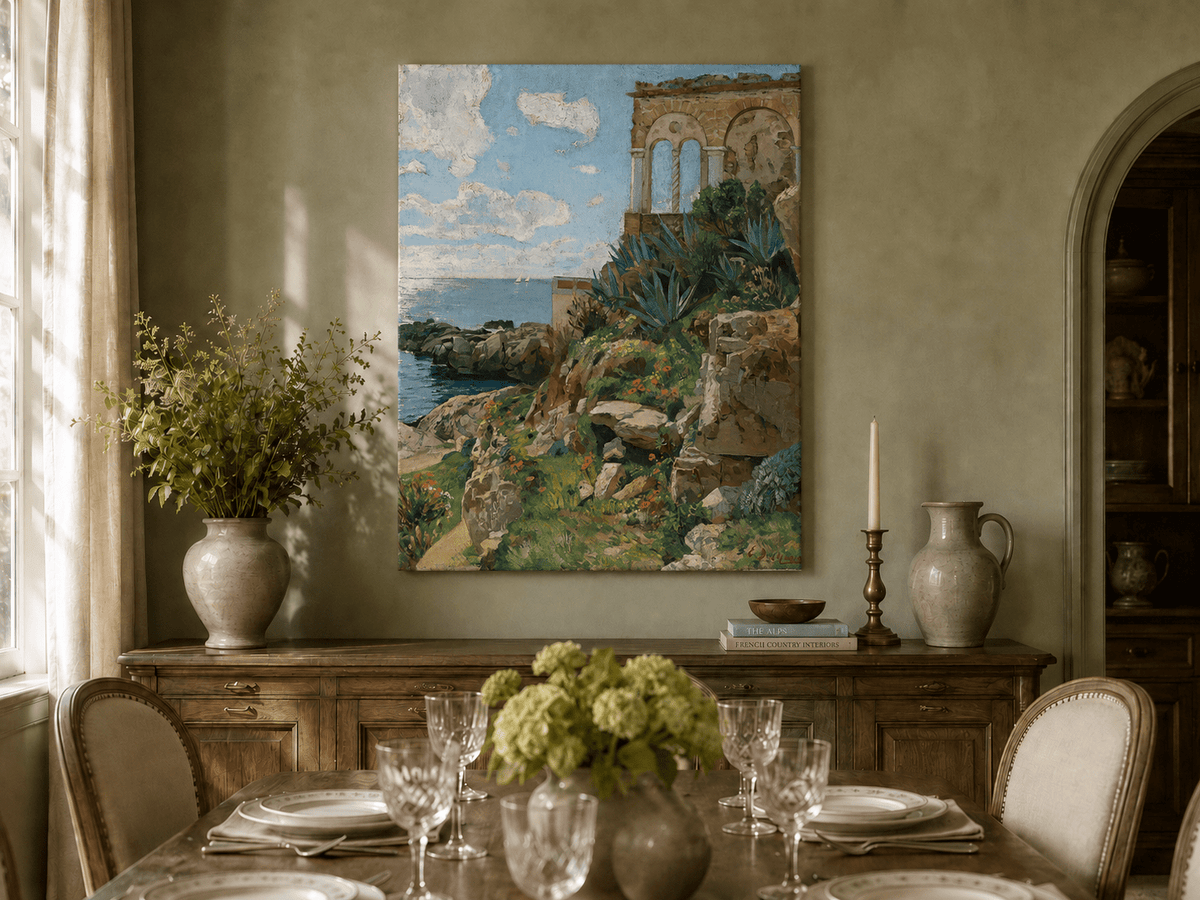Hand-painted Mediterranean coastal ruins with arch and succulents landscape oil painting displayed in a dining room interior.