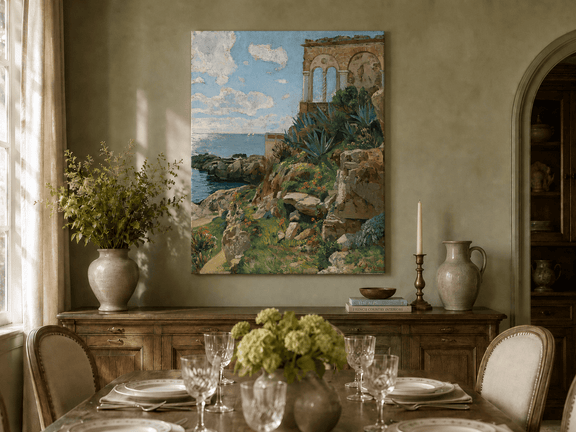 Hand-painted Mediterranean coastal ruins with arch and succulents landscape oil painting displayed in a dining room interior.