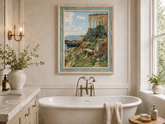 Hand-painted Mediterranean coastal ruins with arch and succulents landscape oil painting displayed in a bathroom interior above a bathtub.