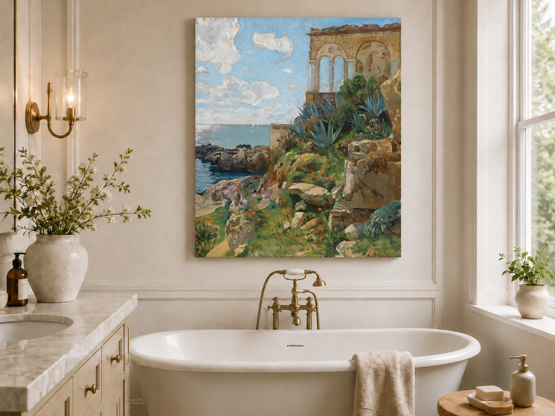 Hand-painted Mediterranean coastal ruins with arch and succulents landscape oil painting displayed in a bathroom interior above a bathtub.
