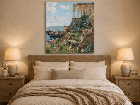 Hand-painted Mediterranean coastal ruins with arch and succulents landscape oil painting displayed above a bed in a bedroom interior.
