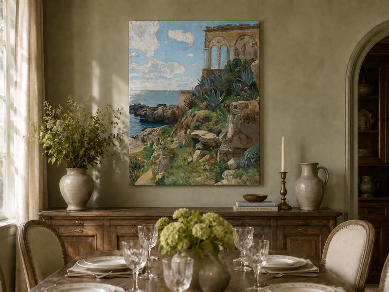 Hand-painted Mediterranean coastal ruins with arch and succulents landscape oil painting displayed in a dining room interior.