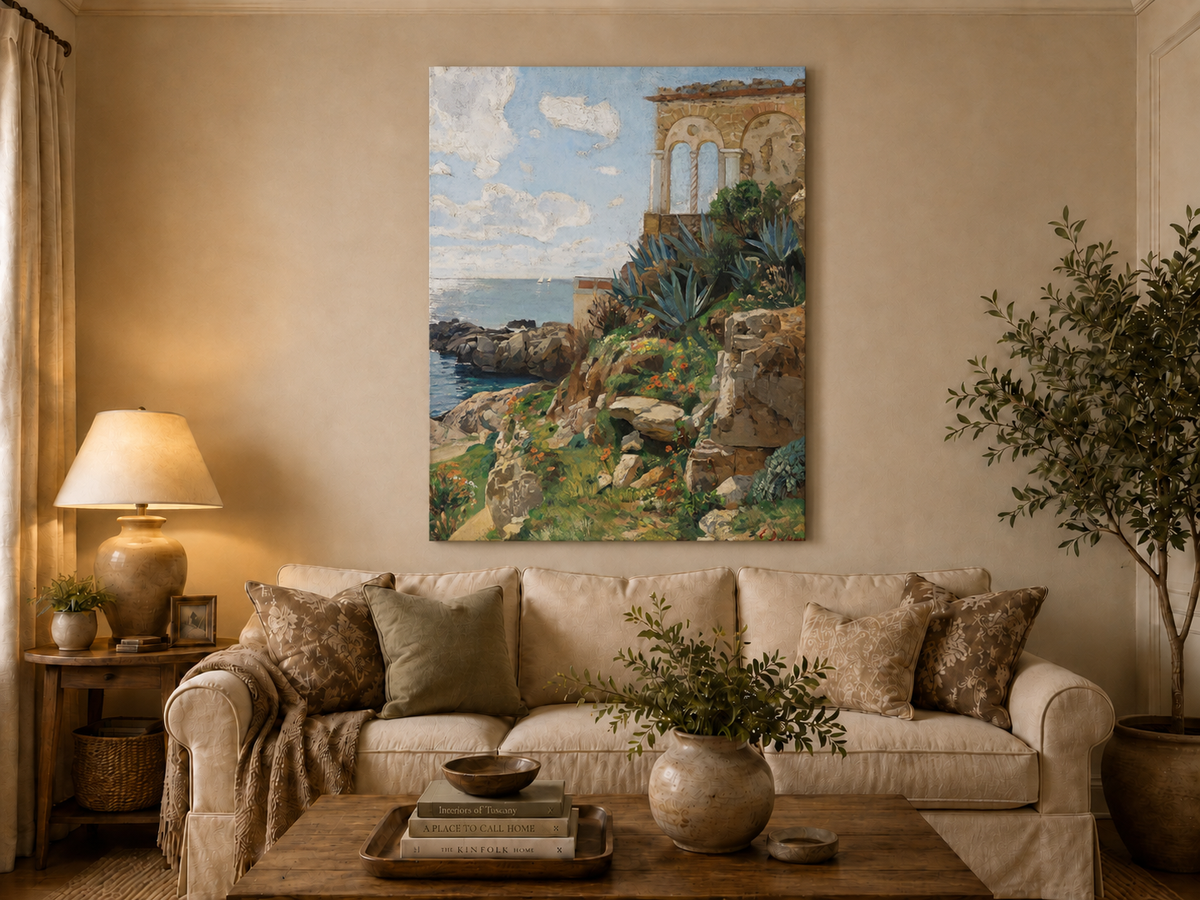 Hand-painted Mediterranean coastal ruins with arch and succulents landscape oil painting displayed above a sofa in a living room interior.